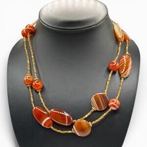 Vintage Banded Carnelian Agate Double Strand Necklace 17”
”